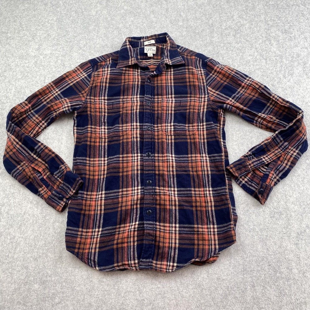 J Crew Shirt Mens Small Blue Orange Plaid Flannel Slim Fit Long Sleeve Casual
